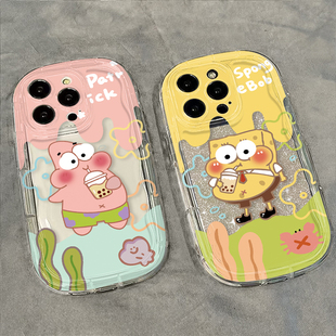 气囊海绵宝宝适用苹果16promax手机壳iphone15plus透明硅胶14日韩13创意12可爱女xsmax卡通xr高级感8p保护套