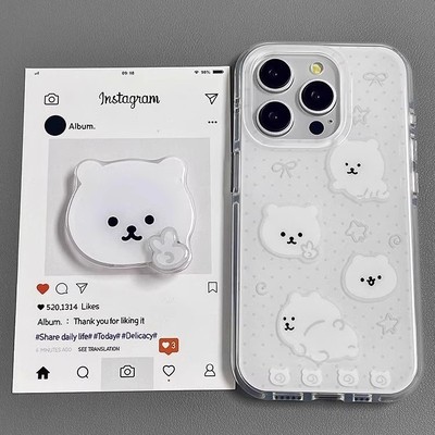 简约白色比耶熊带转转支架适用荣耀400pro手机壳honor300/200/100新款x70i全包防摔x60双层畅玩60plus保护套