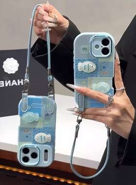ins立体可爱蓝色小鱼挂绳适用opporeno15pro手机壳新款创意reno14/13/12卡通findx9女款a58全包a93防摔保护套