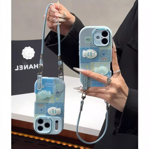 ins立体可爱蓝色小鱼挂绳适用vivox300pro手机壳新款x200/x100/x90卡通s50女款iqoo15全包neo10防摔y78保护套