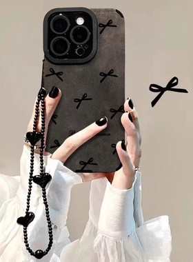 秋冬款黑色蝴蝶结手链opporeno15pro手机壳女新款小众reno14/13/12高级findx9翻皮a2x/a3全包k11x防摔保护套