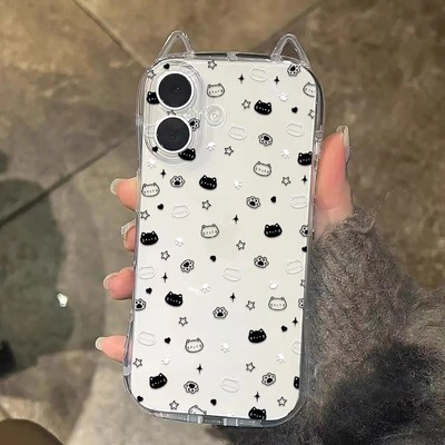 黑白猫咪插画适用苹果17promax手机壳iphone16plus新款小众15pro卡通高级14女款13/12硅胶11全包xs防摔保护套