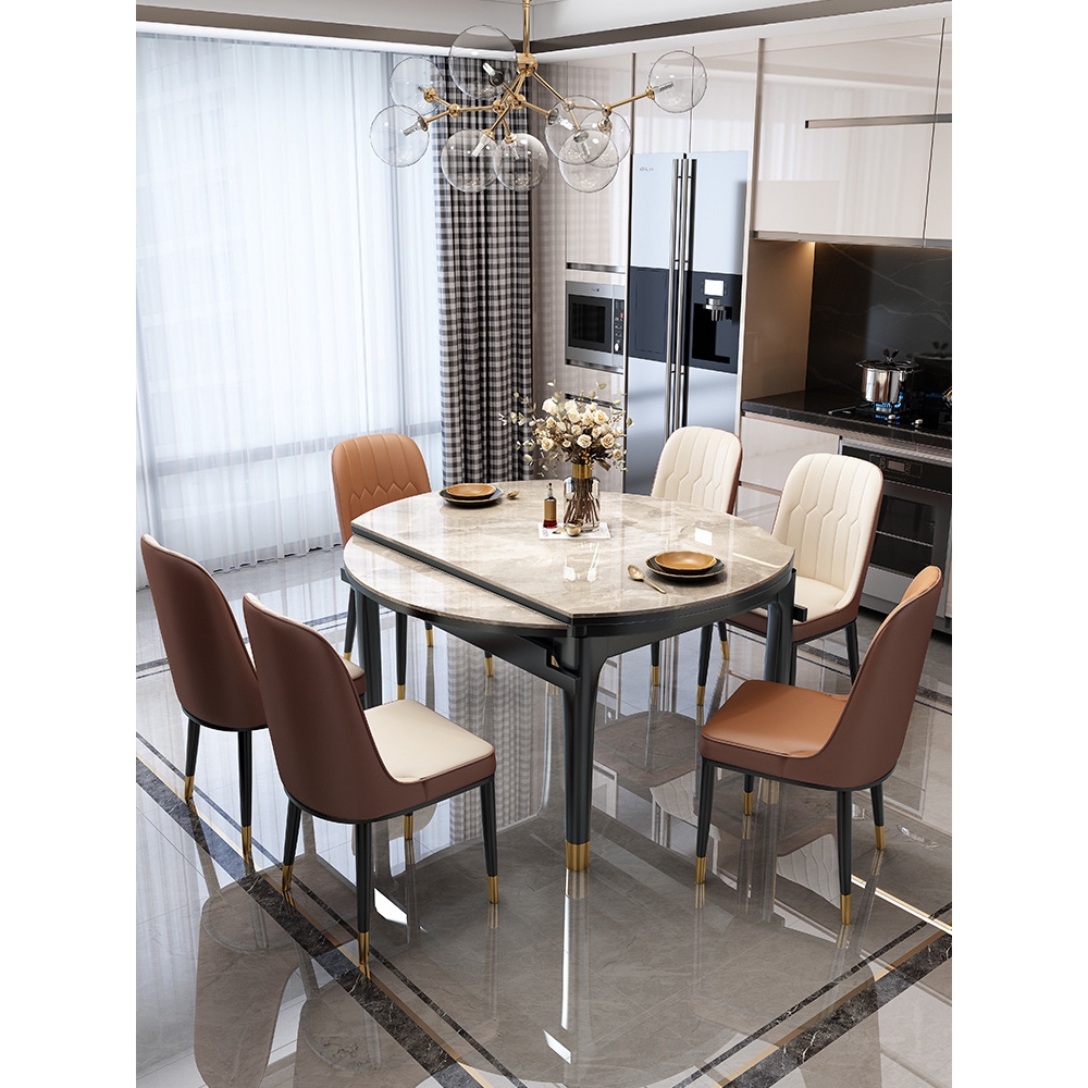 亮光餐桌岩板可伸缩桌意式简约饭桌现代轻奢方圆两用家用小户型桌