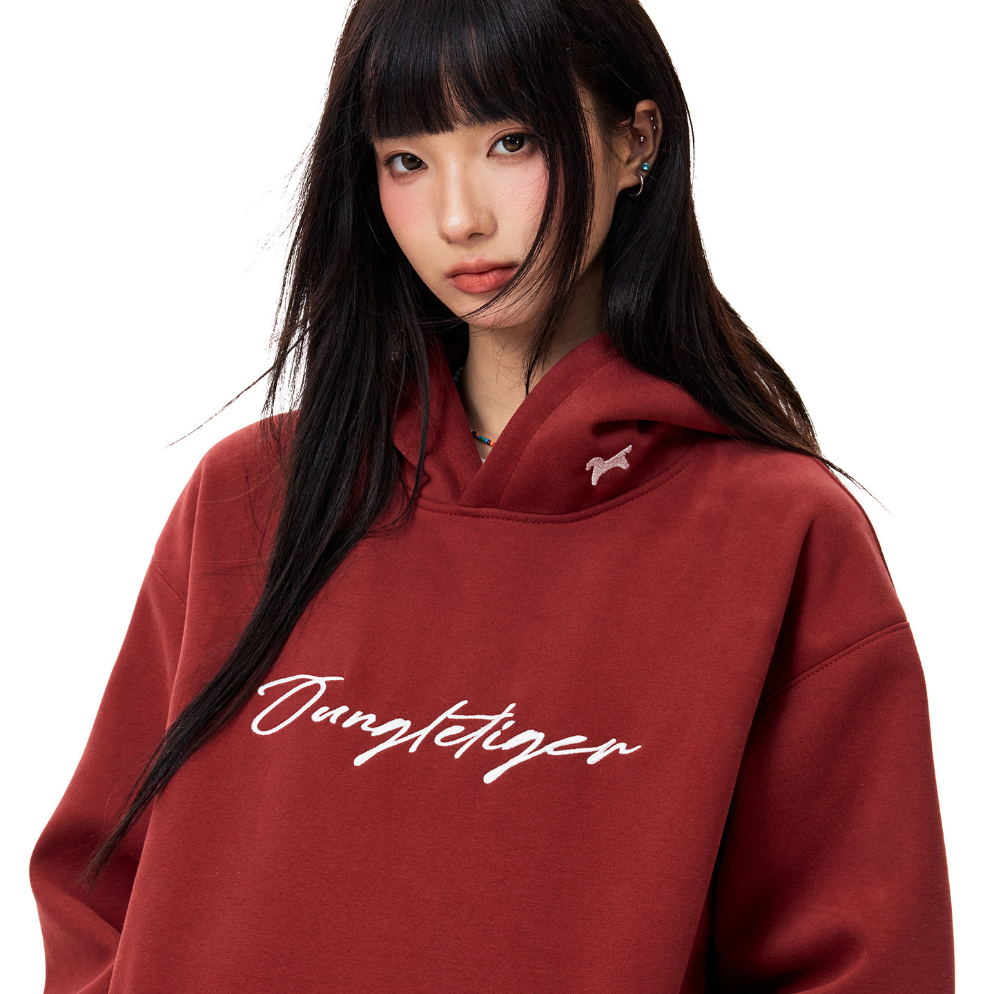 丛林老虎手写字母重磅连帽卫衣男女美式潮牌酒红色刺绣宽松套头衫