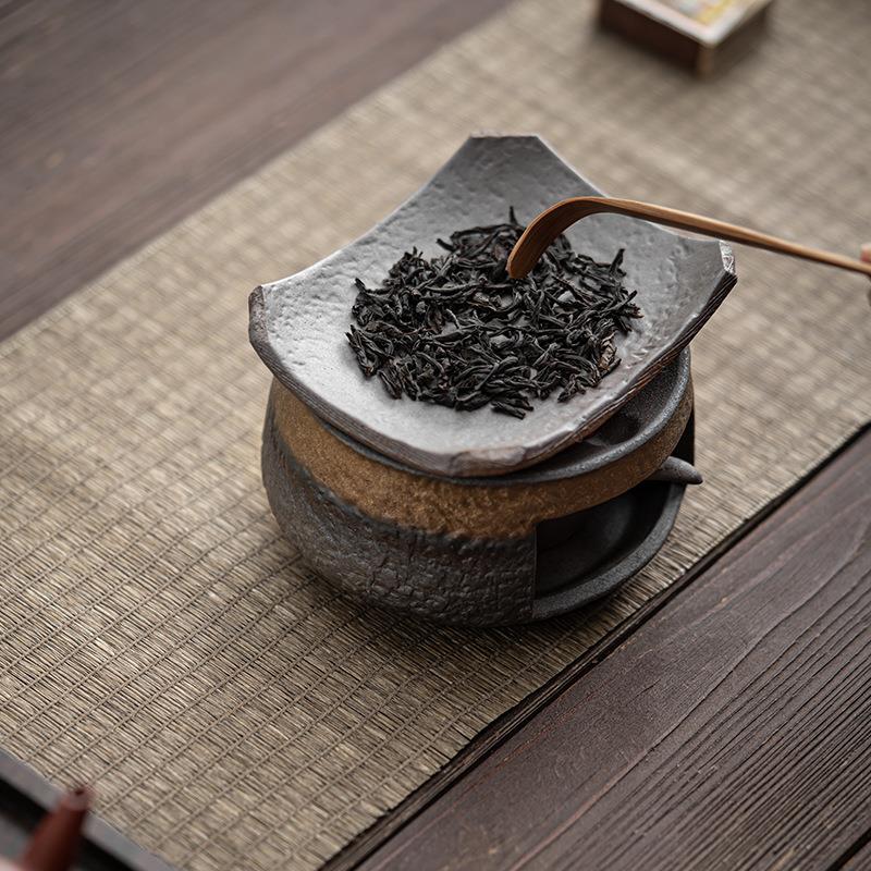 古早烧烤茶炉套组 粗陶鎏金铁釉蜡烛加热底座温茶烤茶炉茶道配件