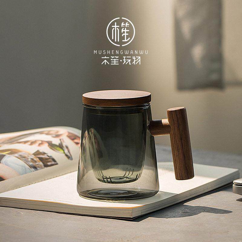 木笙玩物创意硼硅玻璃士简约茶水分离泡茶杯子带盖公室个性