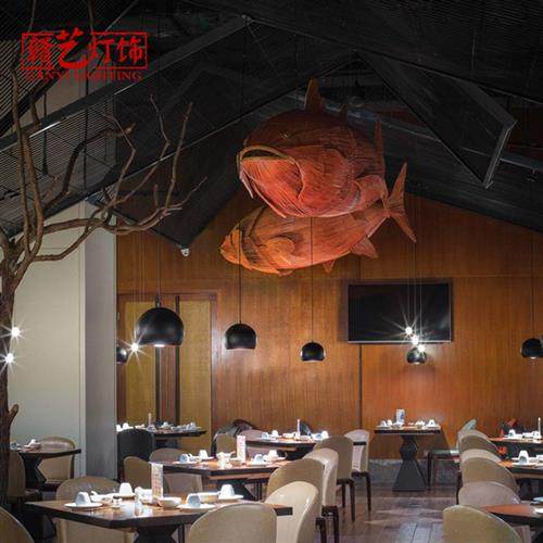 大型酒店大堂会所餐馆饭店吊灯楼别墅藤编鱼形大吊灯非标工程灯具