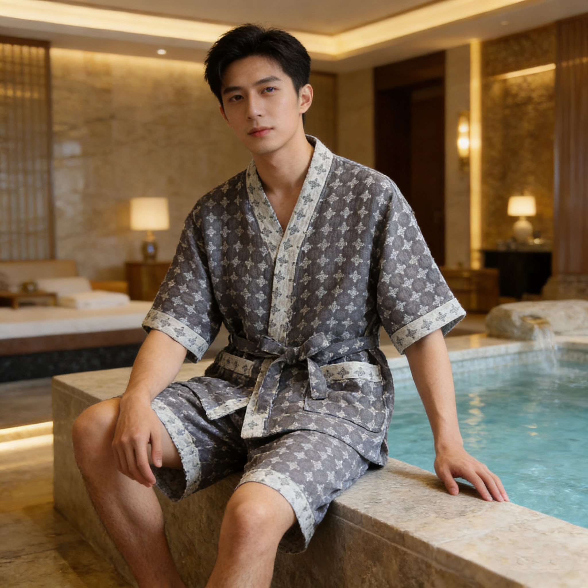 男士双层纱布日式和服睡衣纯棉秋冬温泉居家洗澡汗蒸理疗家居服