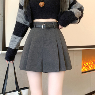 新款毛呢短裤女秋冬季加厚高腰a字阔腿靴裤外穿宽松休闲百褶裤裙