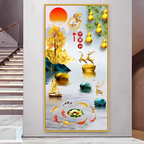 入户玄关走廊过道背景墙贴装饰画简约现代石来运转发财鹿山水壁画