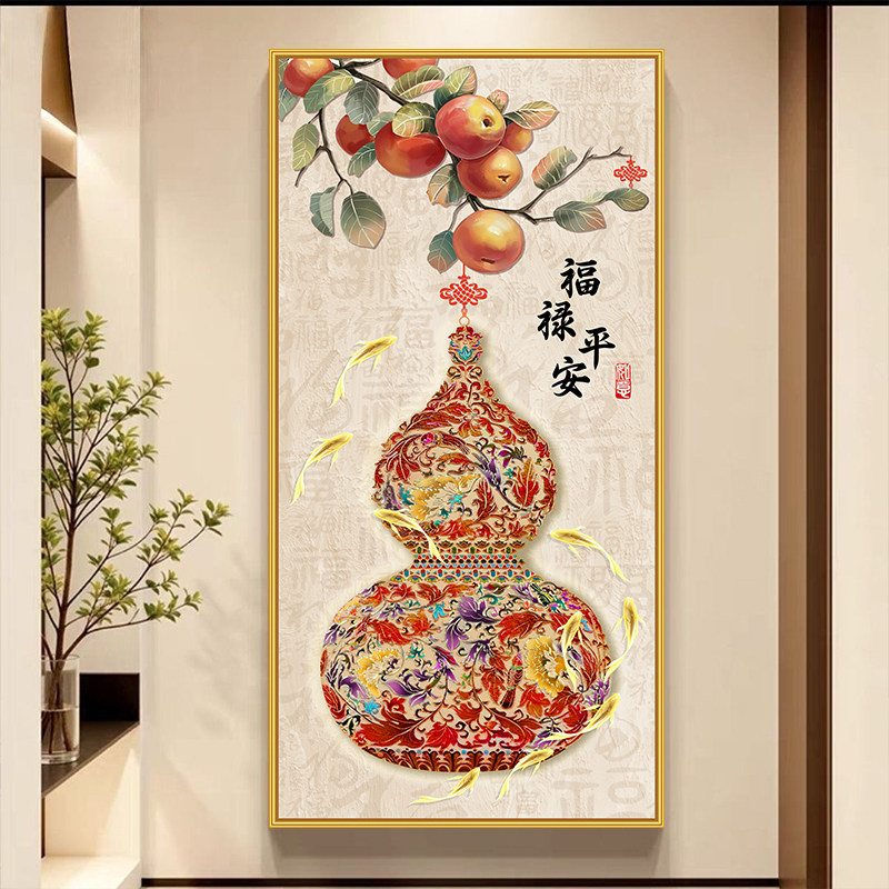 新中式福禄年画玄关过道墙贴图片