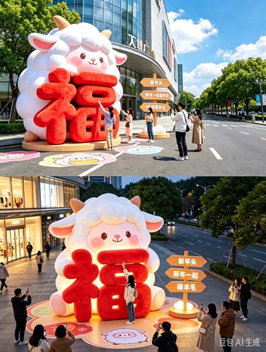 新年吉祥物小羊抱福充气毛绒气模商业街网红打卡美陈春节卡通气模