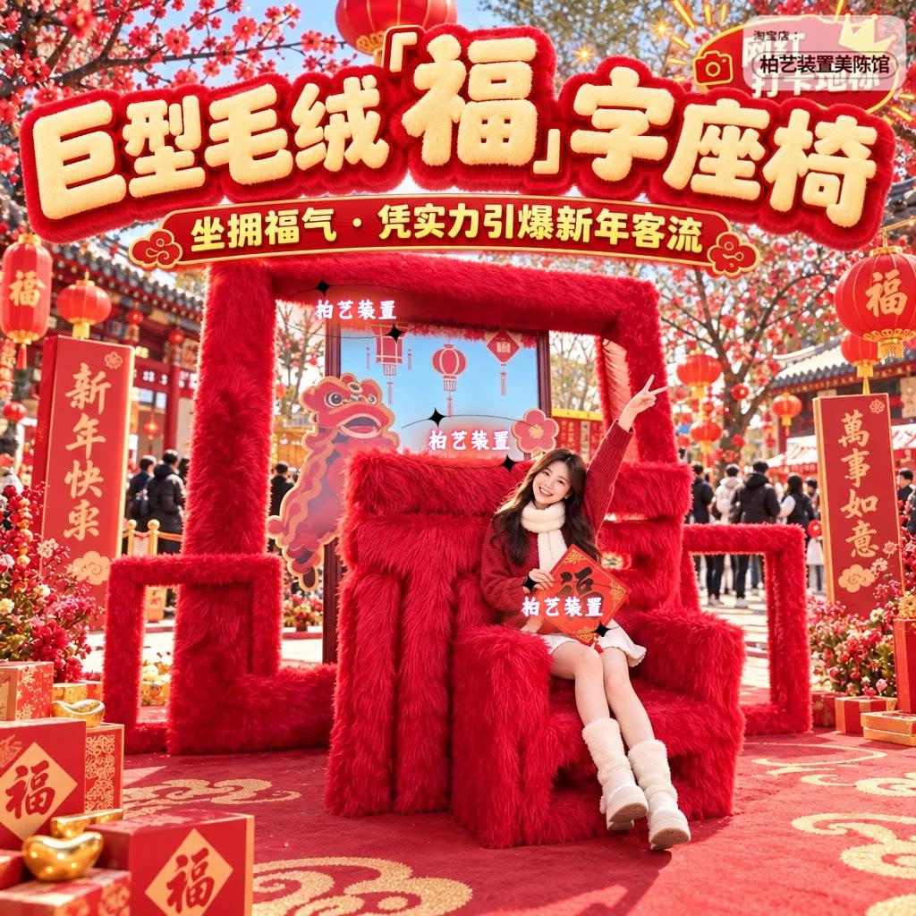 2027马年巨型毛绒福字座椅商场美陈布置户外网红打卡互动装饰道具图片