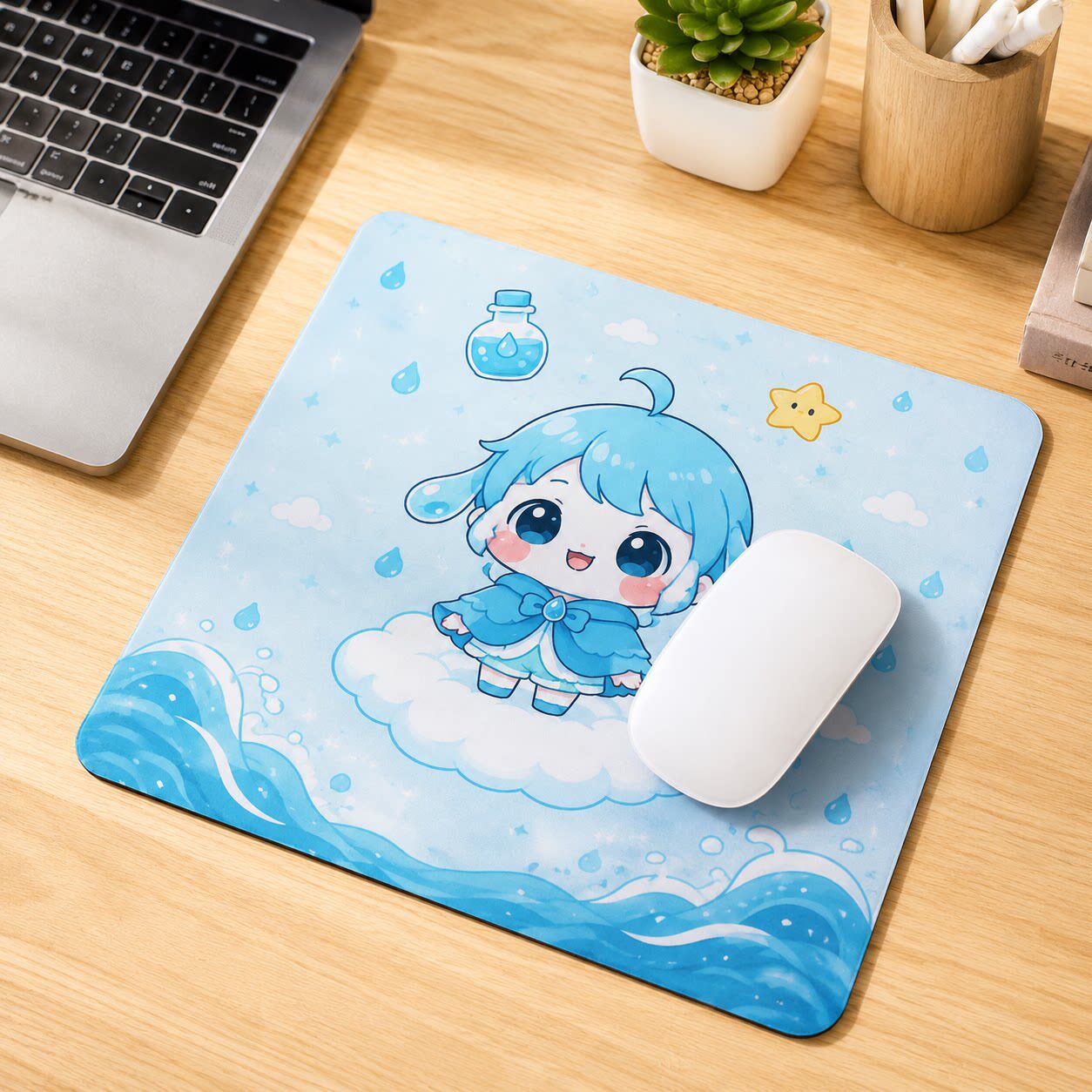 夜空月亮许愿瓶水瓶座鼠标垫卡通少女桌垫办公游戏防滑鼠标垫