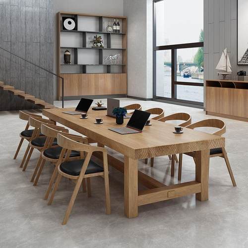 loft长方形实木会议桌办公长桌北欧原木大板茶桌餐桌椅组合长条桌