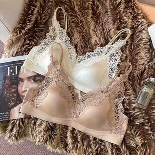 法式 蕾丝缎面三角杯内衣女小胸聚拢收副乳防下垂性感纯欲文胸薄款