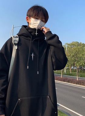 半高领重磅连帽卫衣男春秋冬美式潮牌情侣外套假两件拉链加绒帽衫