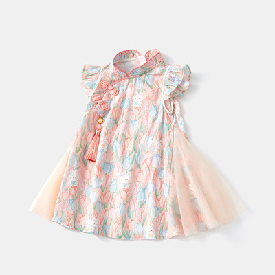 2025婴儿新中式连衣裙夏季薄款女宝宝公主裙子3689女童网纱碎花裙