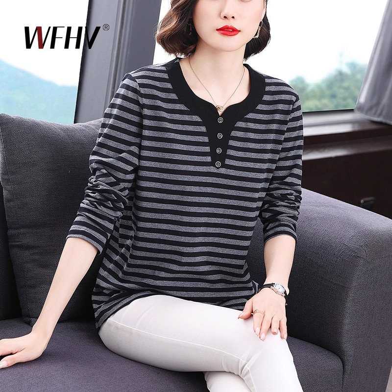 条纹长袖t恤女秋季新款棉质透气减龄气质打底衫宽松遮肚洋气上衣