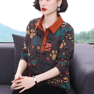 t恤女秋季 宽松遮肚衬衫 翻领长袖 新款 上衣 外穿中老年人妈妈装 时尚