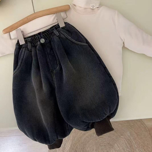 儿童加绒加厚牛仔裤女宝宝束脚灯笼裤保暖长裤黑色百搭男童灯笼裤
