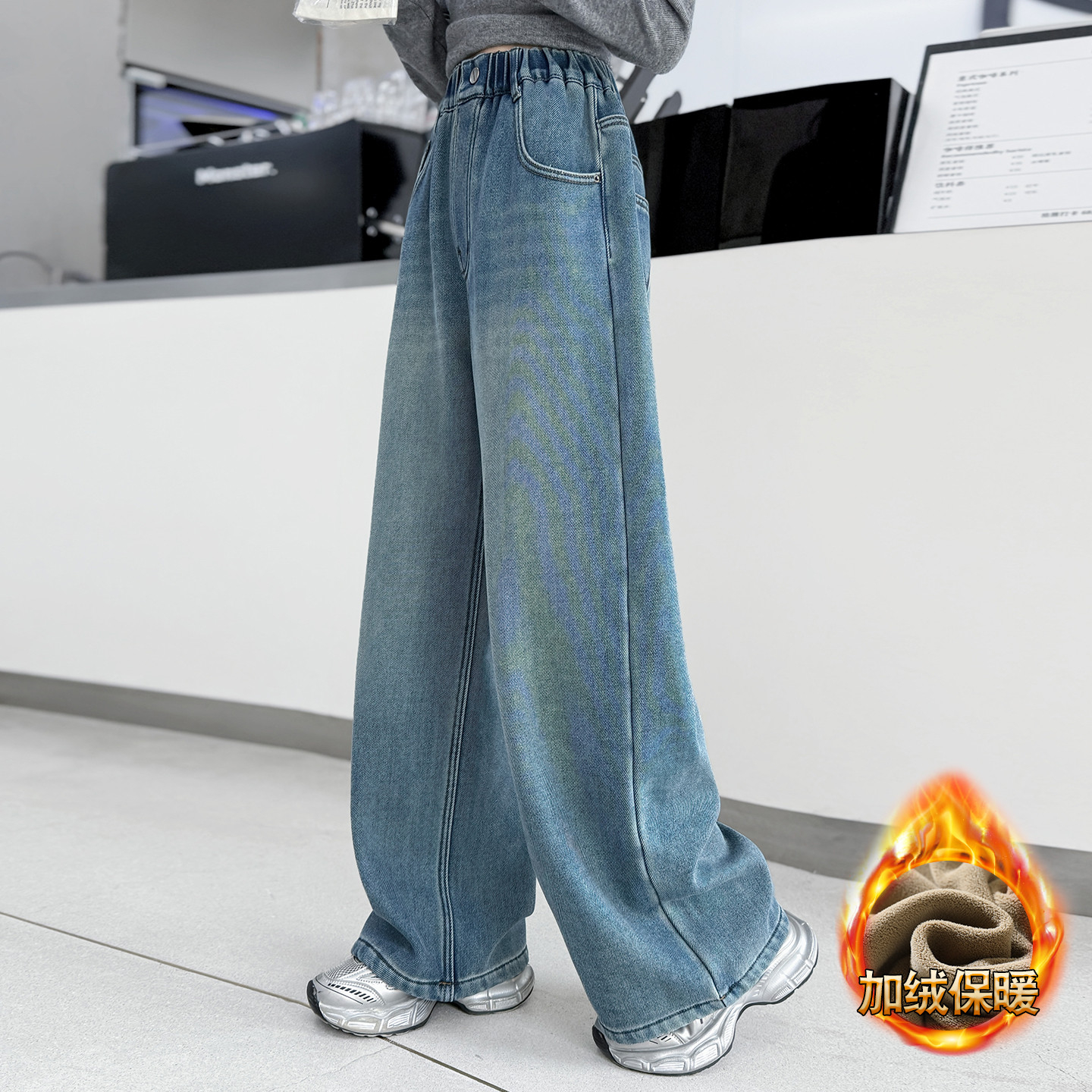 女童加绒保暖阔腿牛仔裤