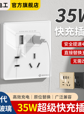 国际电工86型充电PD35W苹果手机Type-c超级快充电源五孔插座面板