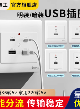 国际电工86型usb插座面板快充220V伏转5V低压宿舍工地36v充电明装