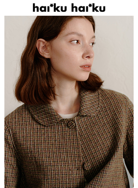 haiku 复古且时髦 小翻领圆弧挖袋拼色箱形精纺羊毛呢短套装外套