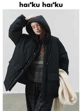 haiku 复古羽绒 格纹面料拼接设计蓬松轻盈工装感中长款羽绒服