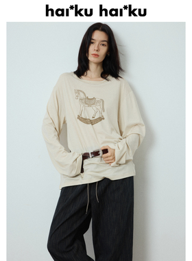 haiku “casa”莫代尔羊毛混纺 木马印花图案落肩长袖T恤女