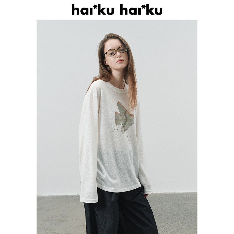 haiku 水彩插画原创印花tee 微透棉感 长袖圆领宽松T恤上衣