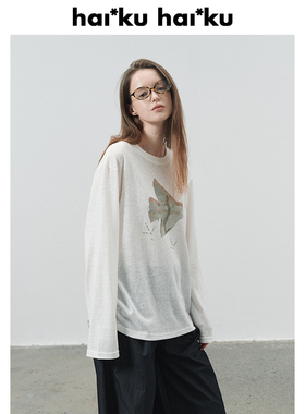 haiku 水彩插画原创印花tee 微透棉感 长袖圆领宽松T恤上衣
