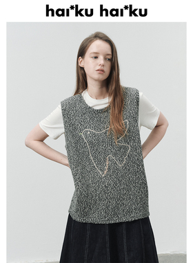 haiku x 胡沁迪 小鸟轮廓刺绣 薄款棉纱杂花针织马甲背心
