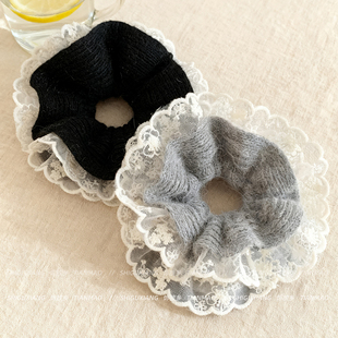 韩系毛线针织蕾丝花边大肠发圈女慵懒风扎头发超大号头花发绳头饰