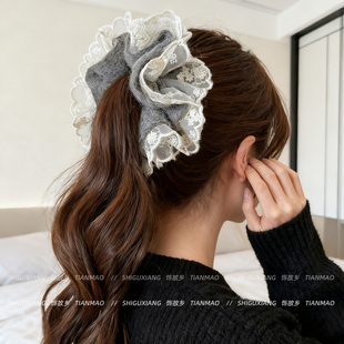 秋冬毛线针织蕾丝花边大肠发圈女新款 双层丸子头花大号扎头发发绳