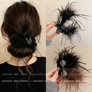 天鹅闪钻羽毛抓夹女高级感2026新款丸子头盘发神器高马尾固定发夹