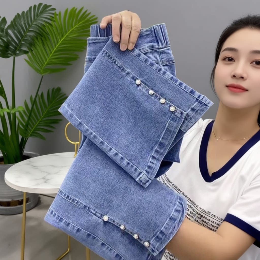九分弹力松紧高腰牛仔微喇裤女秋