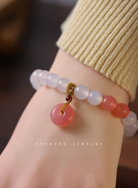 暖言天然白玛瑙手链女新中式复古甜美风显摆百搭白色珠子手串珠宝