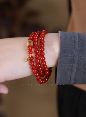 三圈红玛瑙手链女手串