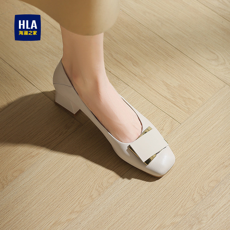 HLA/海澜之家女鞋2026冬季新款法式粗跟不累脚通勤高跟鞋浅口单鞋