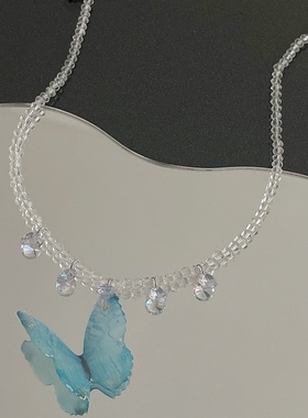 蓝色蝴蝶水晶串珠项链女小众轻奢y2k辣妹配饰品年新款锁骨链