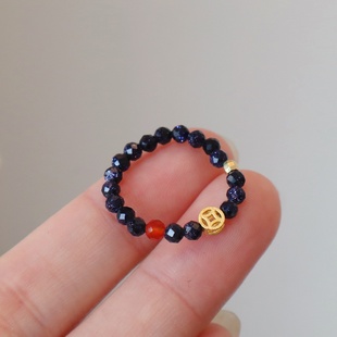 新款天然石戒指虎眼石蓝沙石发晶戒指新中式设计串珠弹力绳水晶戒