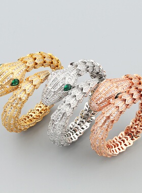 欧美风格夸张霸气蛇形弹簧手镯满镶锆石铜镀金三环盘龙手环女