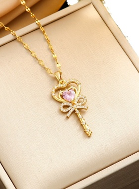 美到失语!粉钻爱心魔法棒项链女可爱重工气质锁骨链轻奢小众