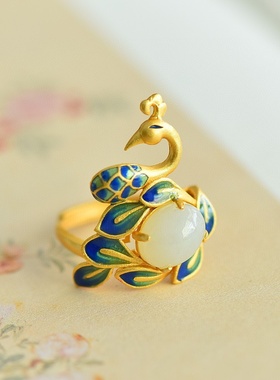 古法传承鎏金工艺凤凰戒指女民族风文艺范彩绘珐琅仿和田玉指环女