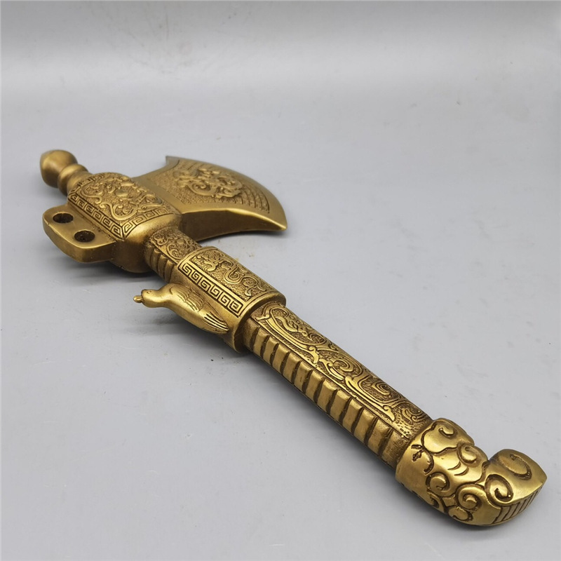 仿古铜器黄铜斧子摆件开山铜龙斧头装饰品摆设商务工艺品
