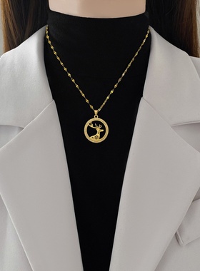 【钛钢】圆环幸运鹿轻奢气质华丽满钻项链女百搭锁骨链钛钢链条