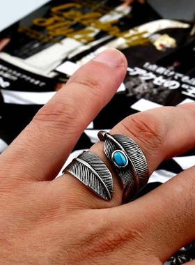 钢铁战士复古日韩饰品 钛钢高桥开口羽毛镶绿松石戒指