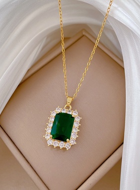 【钛钢】绿色方块满钻时尚轻奢气质华丽复古项链女百搭锁骨链钛钢